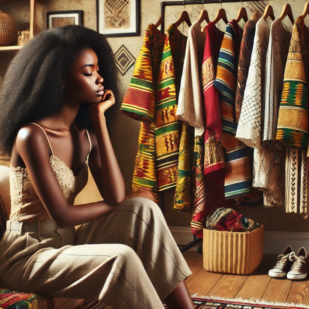Mujer decidiendo qué outfit ponerse, reflejando la esencia de la moda africana con prendas vibrantes