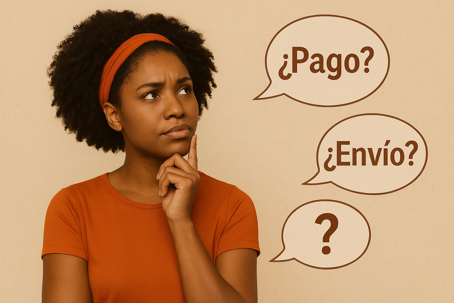 Mujer africana pensativa sonriendo, lista para dar una respuesta clara y útil a las dudas frecuentes