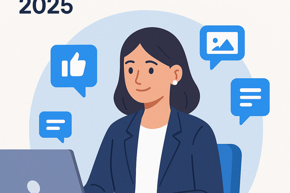 Mujer creando contenido digital con inteligencia artificial en su portátil, rodeada de iconos de redes sociales.