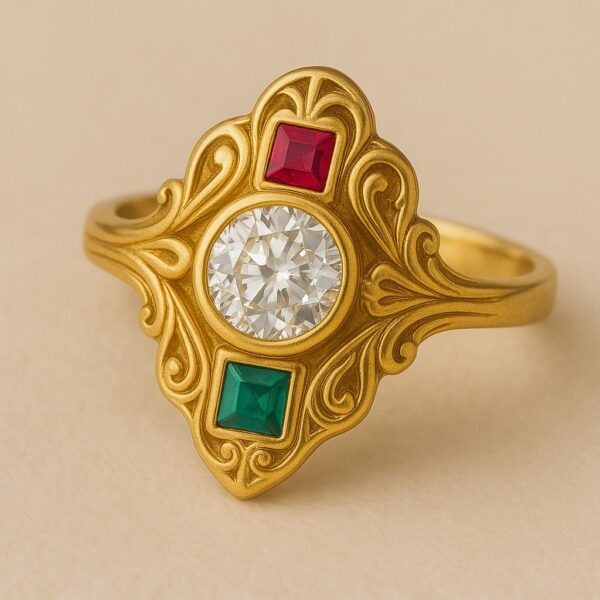 anillo art deco con diamante, rubí y esmeralda en oro 18k