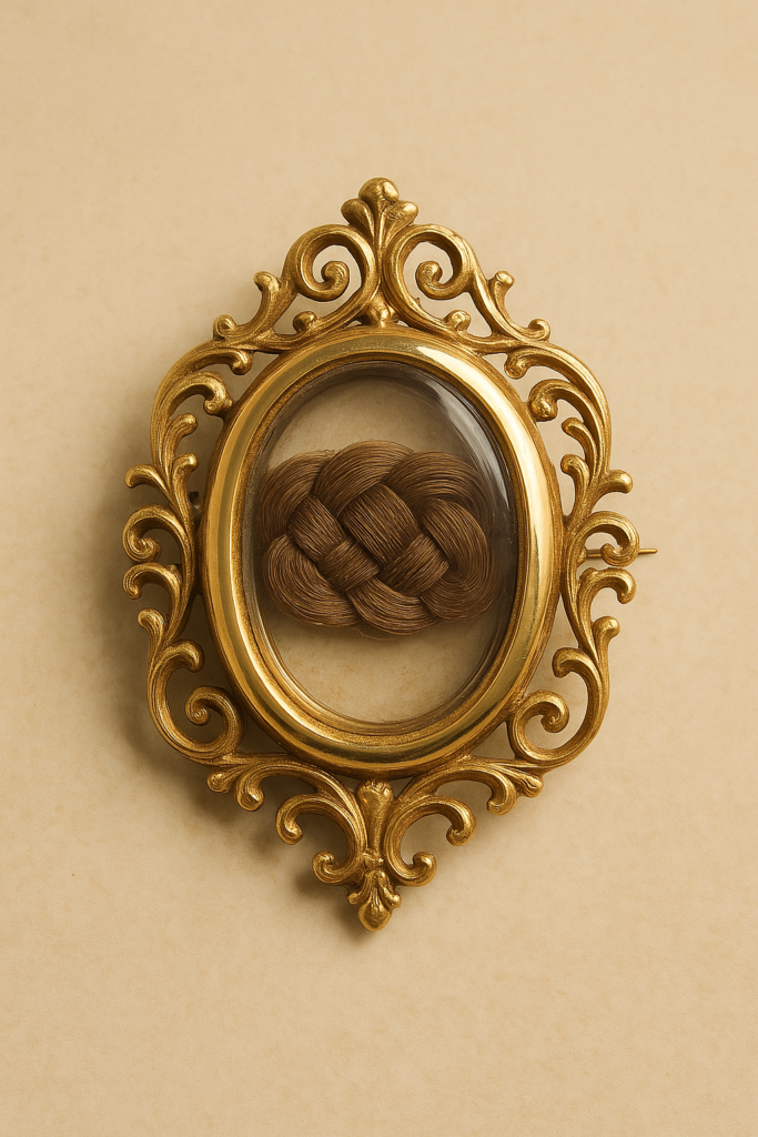 Broche ovalado de época victoriana con filigrana dorada e interior de cabello trenzado bajo cristal abombado