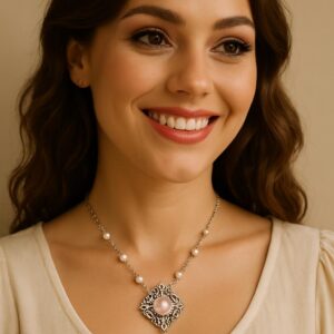 Collar Estilo Victoriano en Plata 925 con Cuarzo Rosa y Perlas Naturales